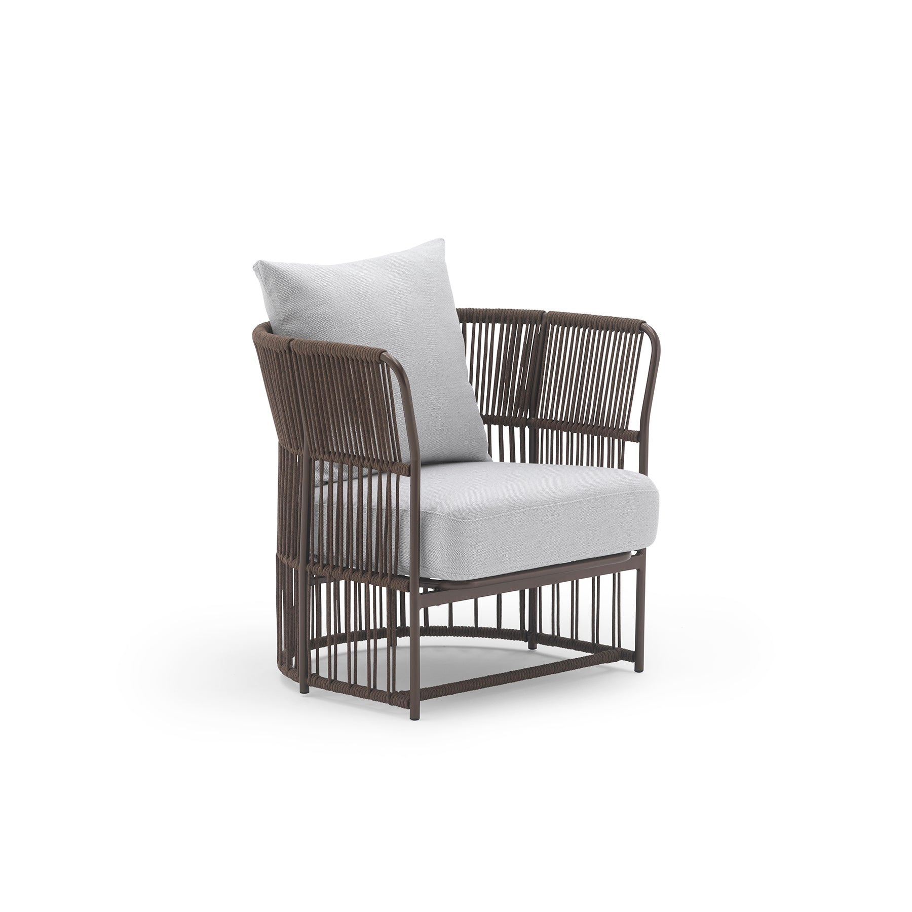Wicker armchair with gray cushions on a white background