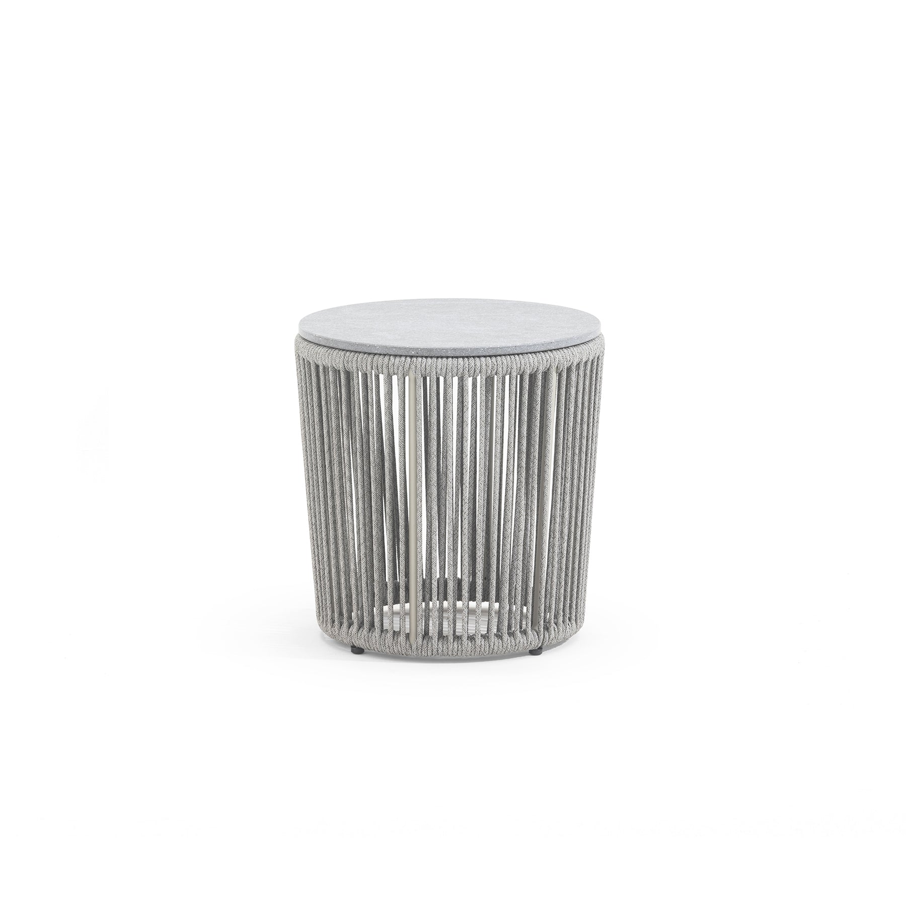 Silver cylindrical side table on a white background