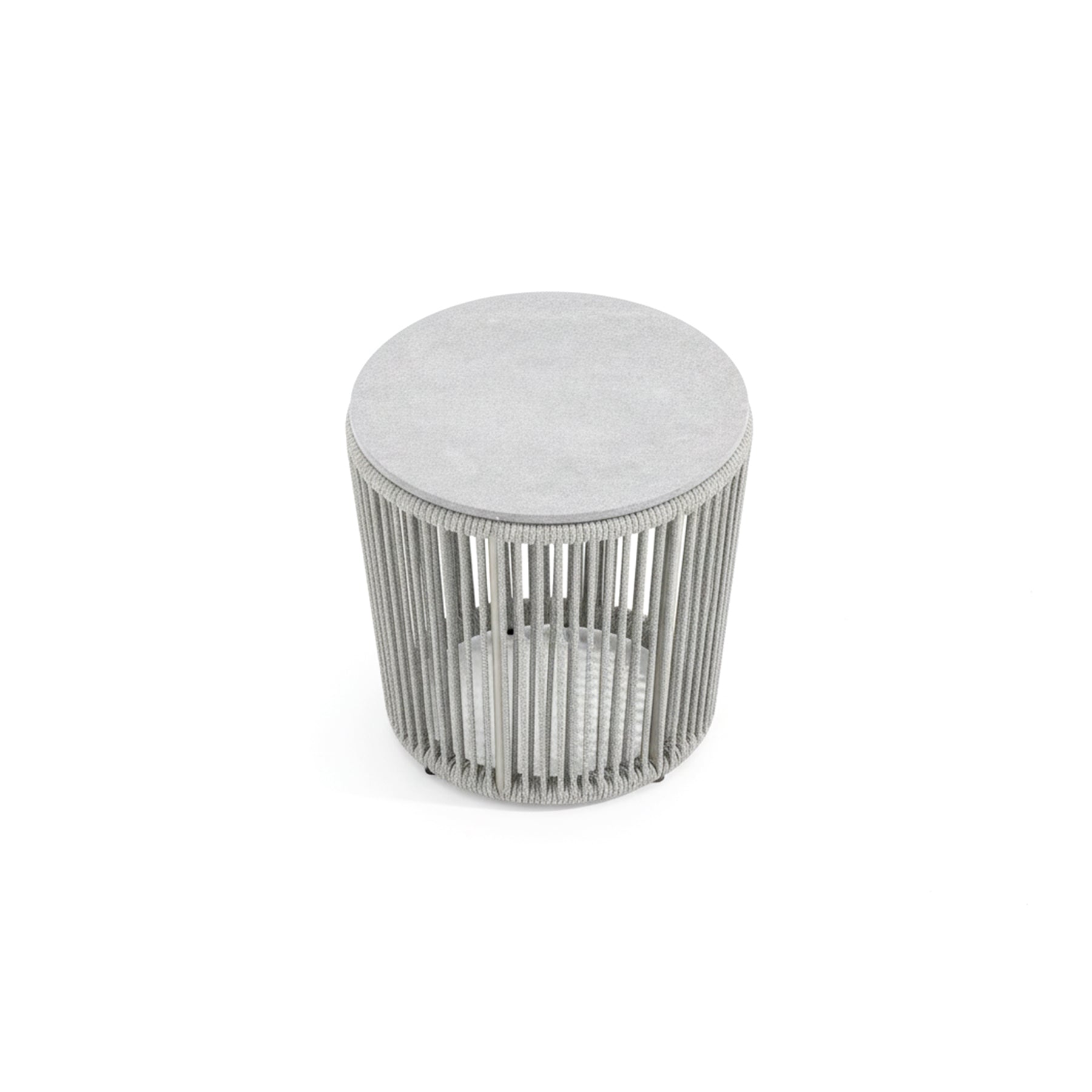 Round side table with metal frame and concrete top on a white background
