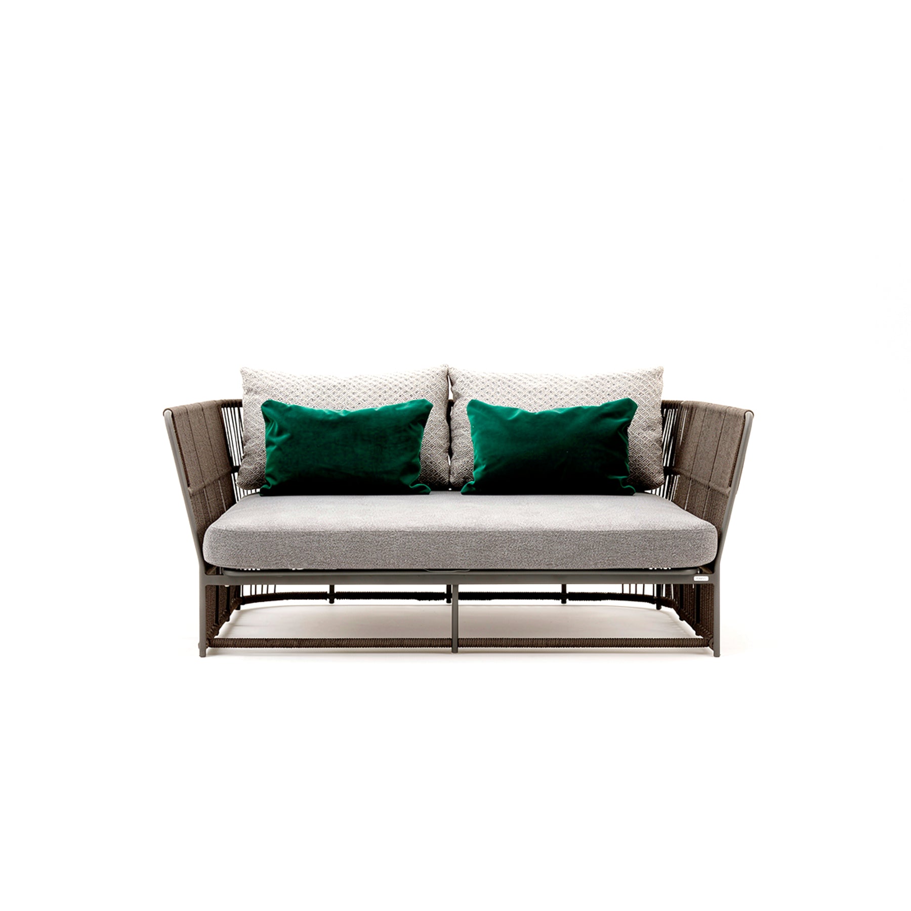 Modern outdoor sofa with green cushions on a white background