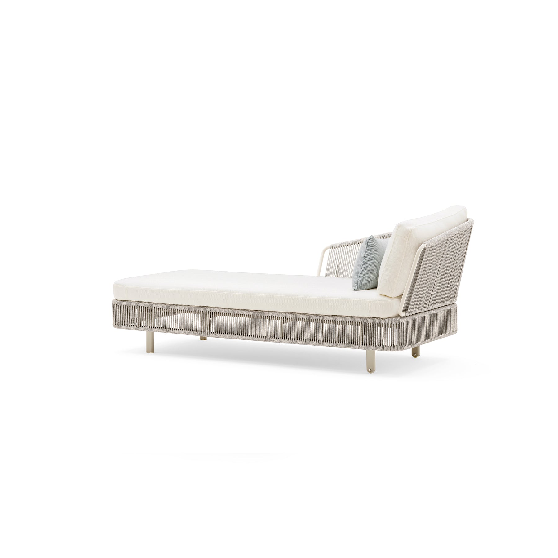 Modern outdoor lounge chair with white cushions on a white background