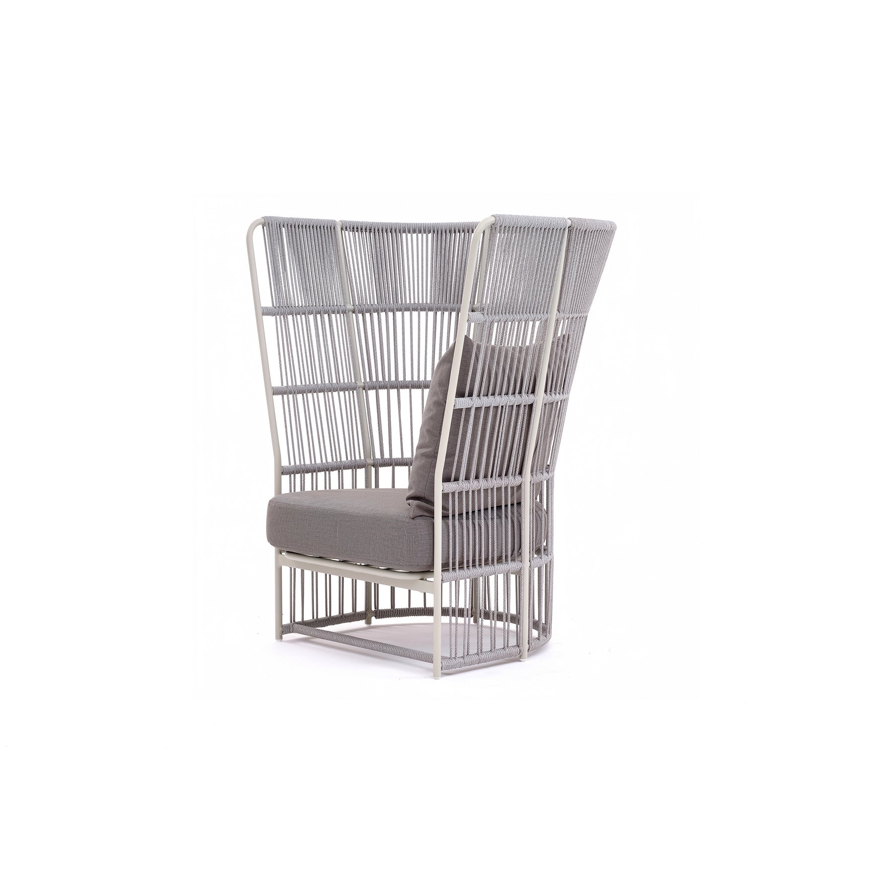 Modern chair with gray woven backrest and seat on a white background