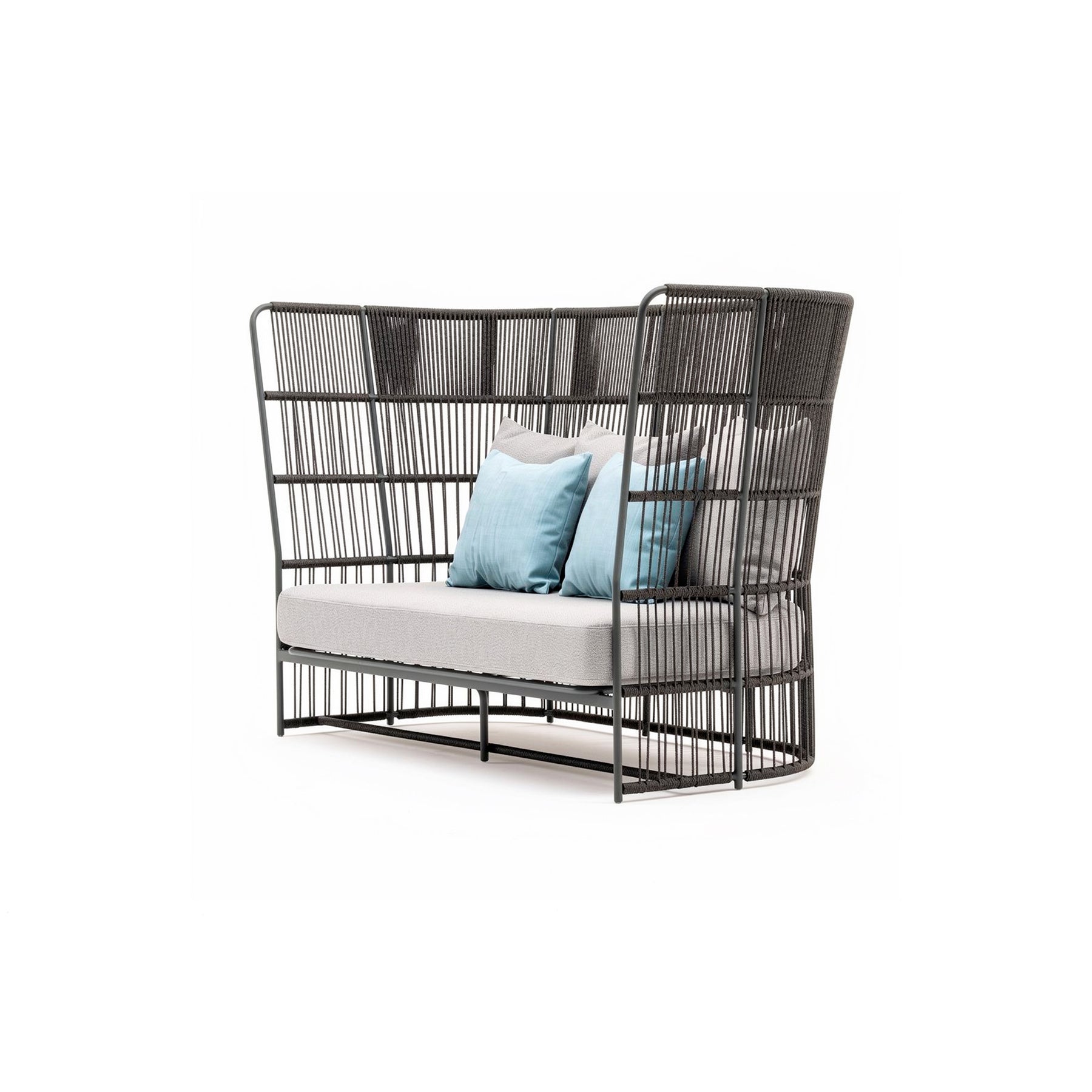 Black wireframe sofa with cushions on a white background