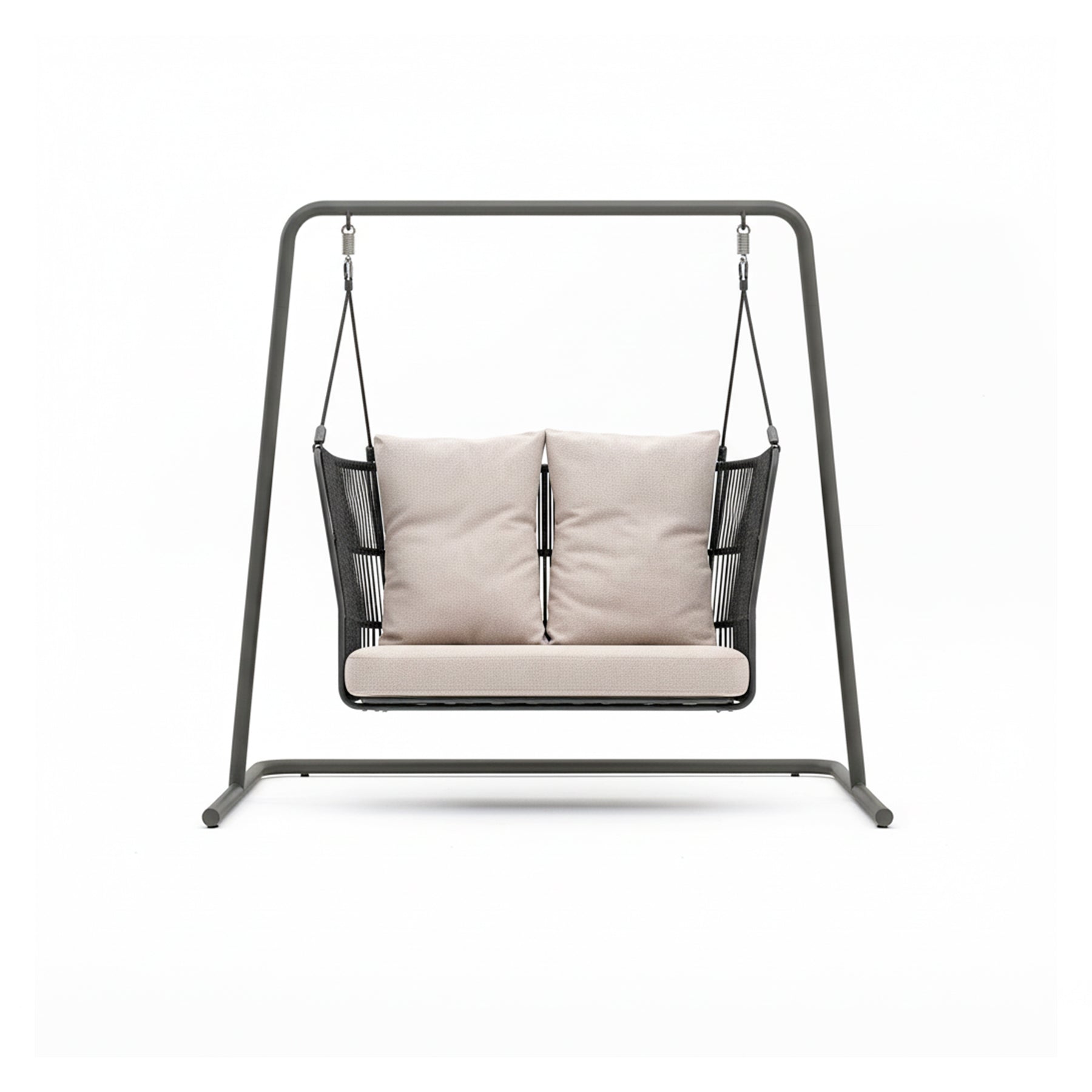 Modern hanging chair with beige cushions on a white background