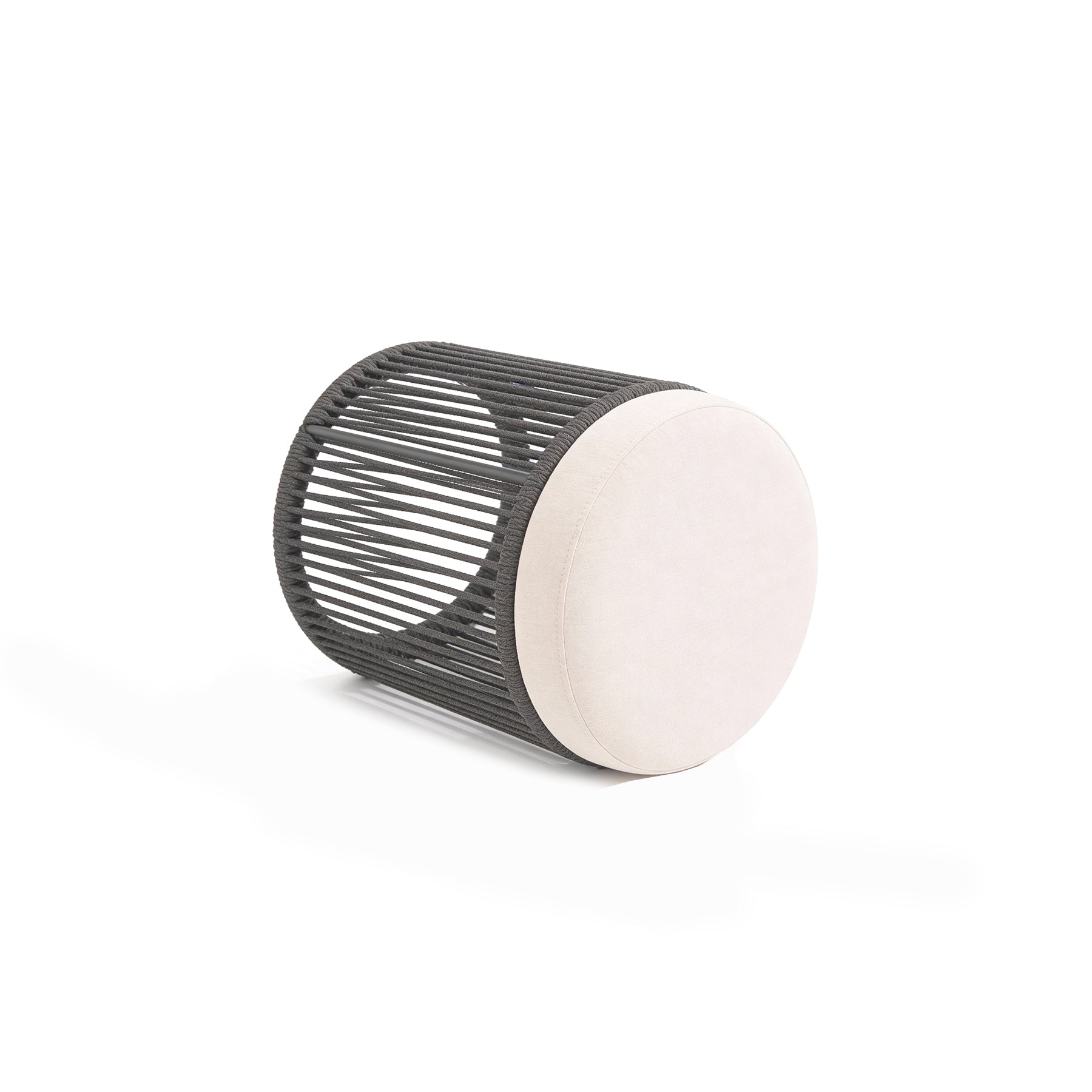 Cylindrical stool with dark woven top and white bottom on a white background