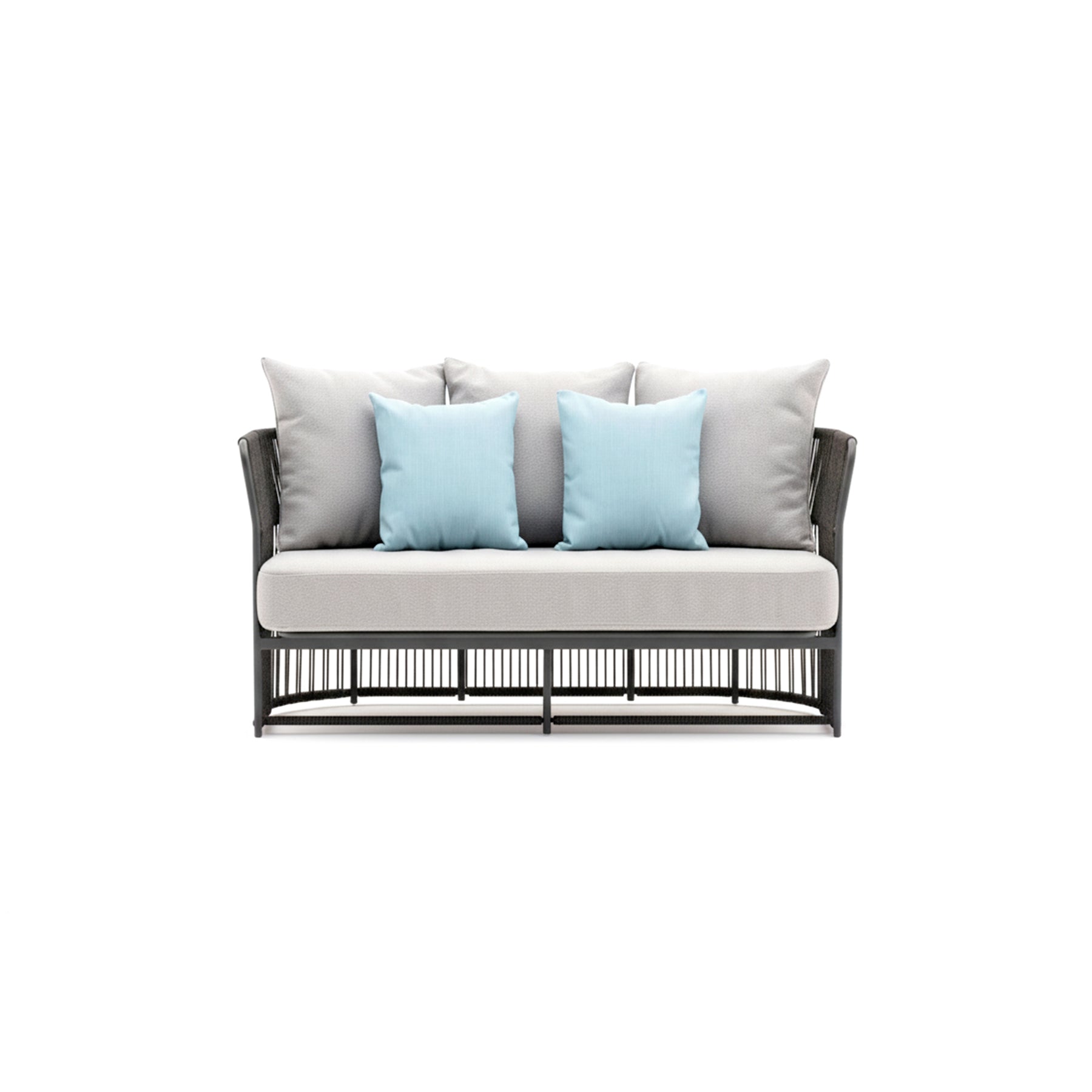 Gray sofa with blue cushions on a white background