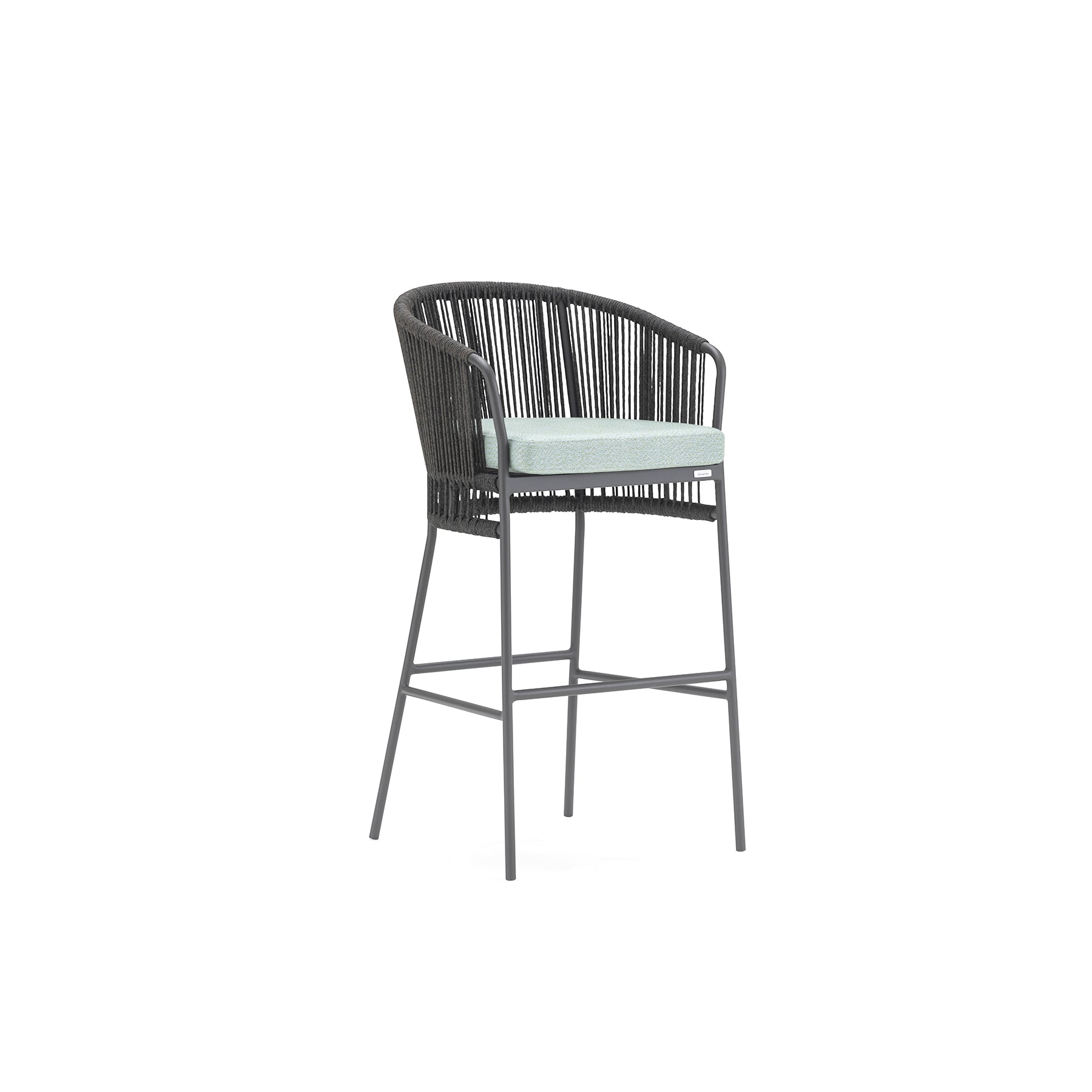 Bar stool with black woven backrest and seat on a white background