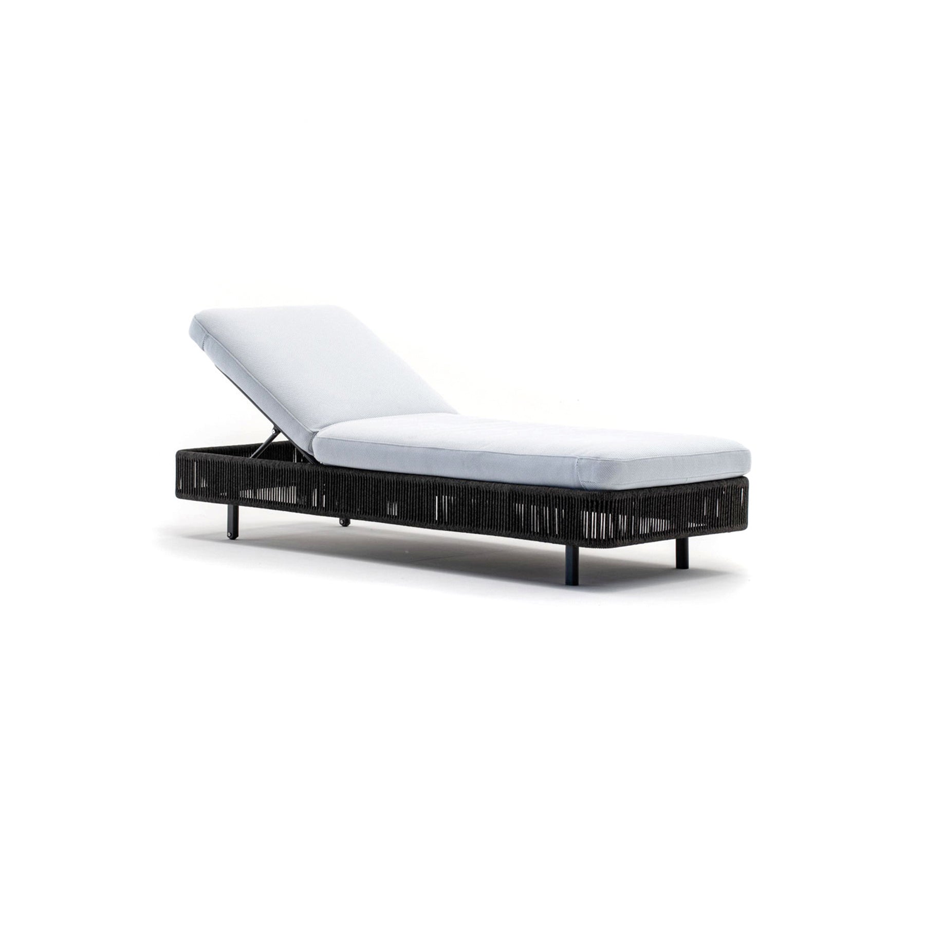 Black outdoor lounge chair with white cushion on a white background