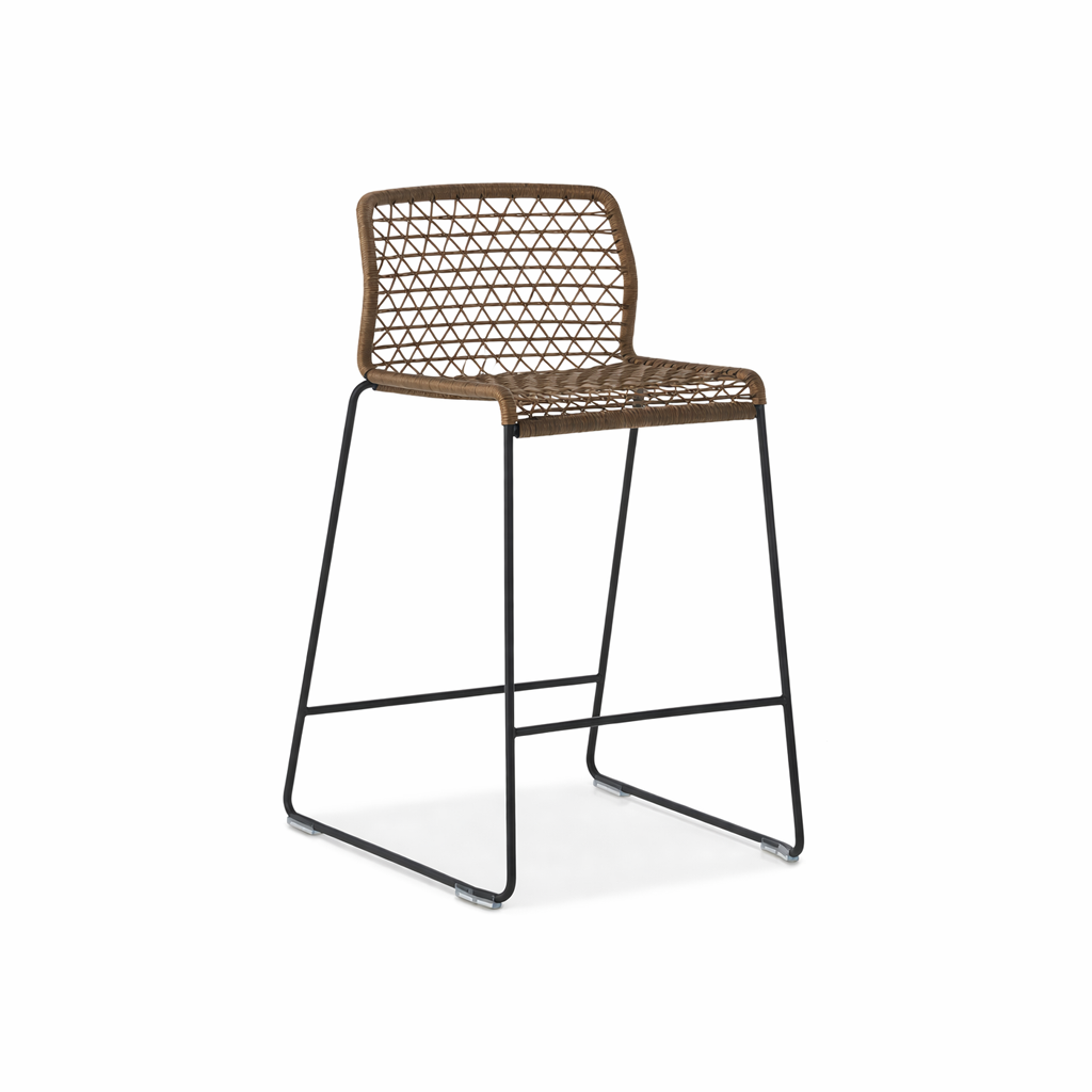 Bar stool with woven backrest and seat on a white background