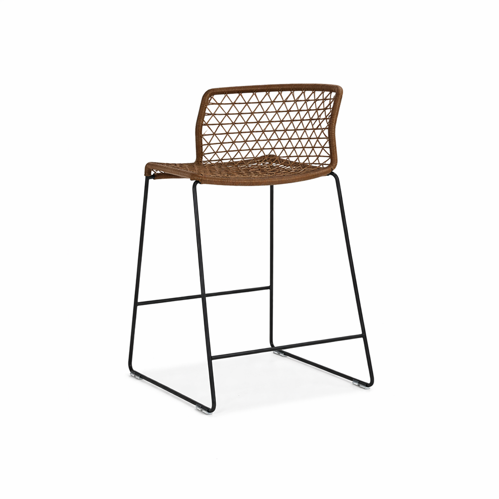 Bar stool with woven backrest and black metal frame on a white background