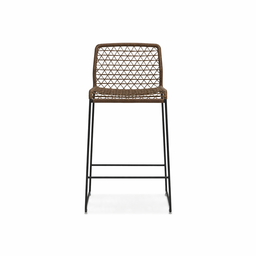 Bar stool with woven backrest and seat on a white background