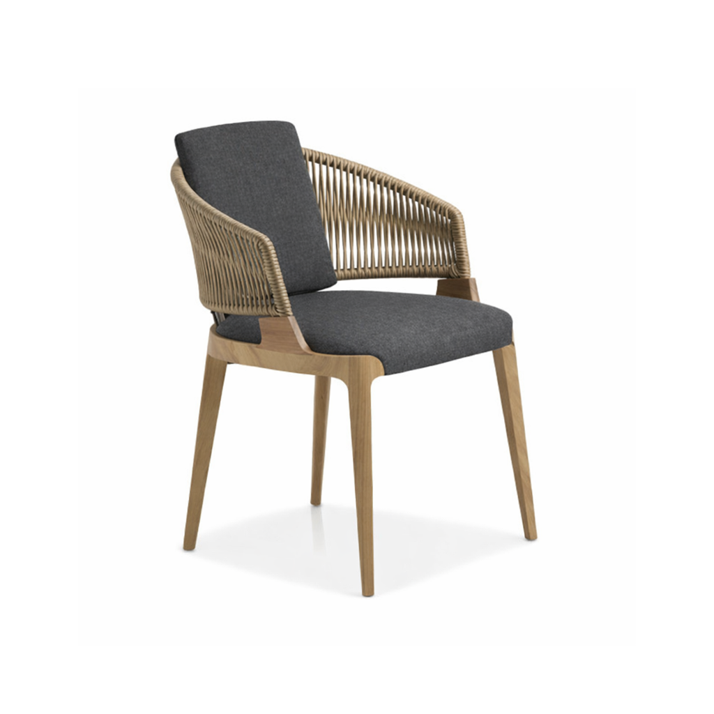Chair with woven backrest and dark gray cushion on a white background