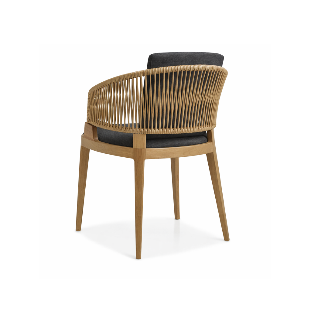 Chair with woven backrest and armrests on a white background