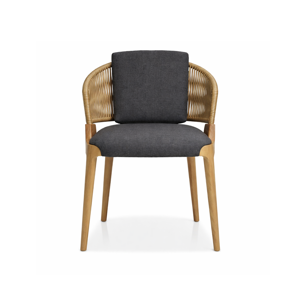Chair with dark gray cushion and wooden frame on a white background
