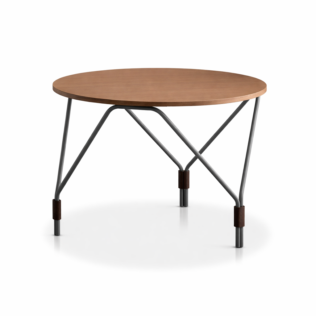 Round wooden table with metal legs on a white background