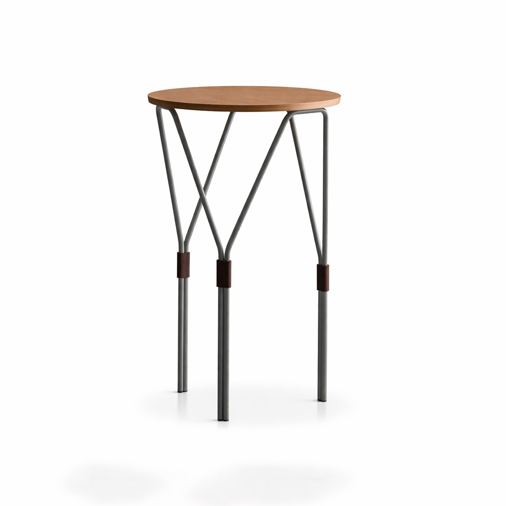 Small round table with wooden top and metal legs on a white background