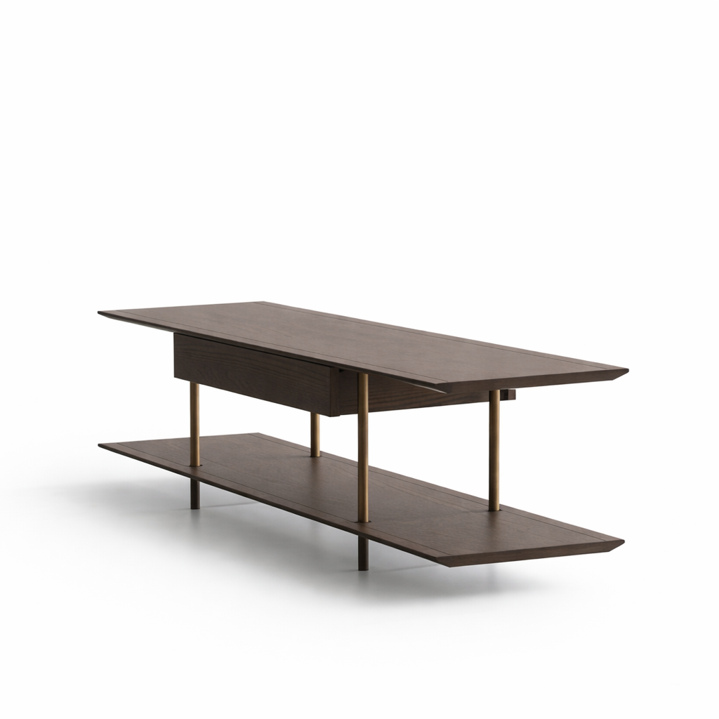 Wooden coffee table with a shelf on a white background