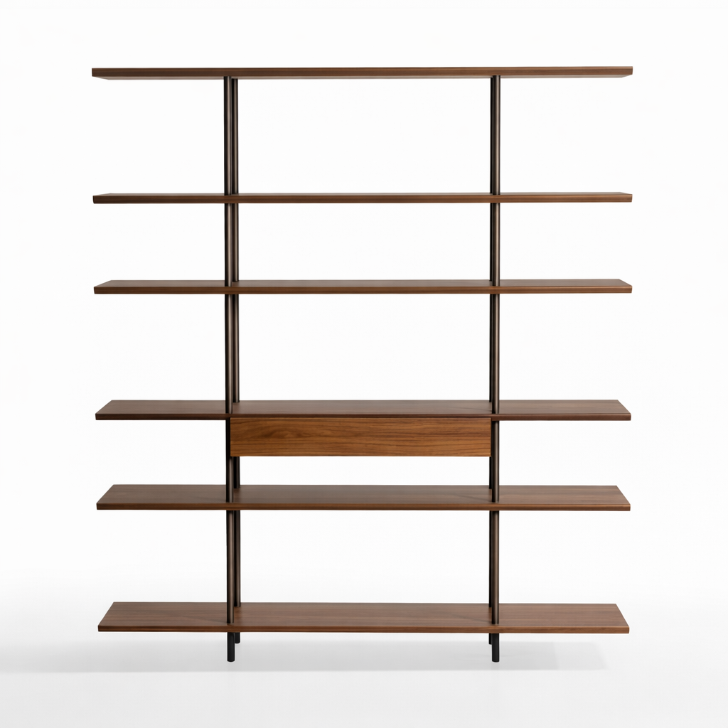 Wooden bookshelf with multiple shelves on a white background
