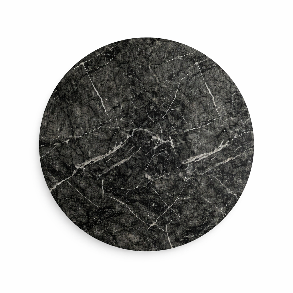 Round black marble coaster on a white background