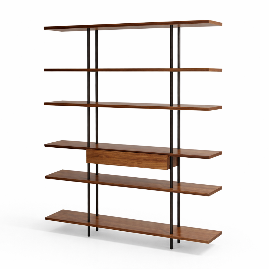 Wooden shelf with multiple shelves and a drawer on a white background