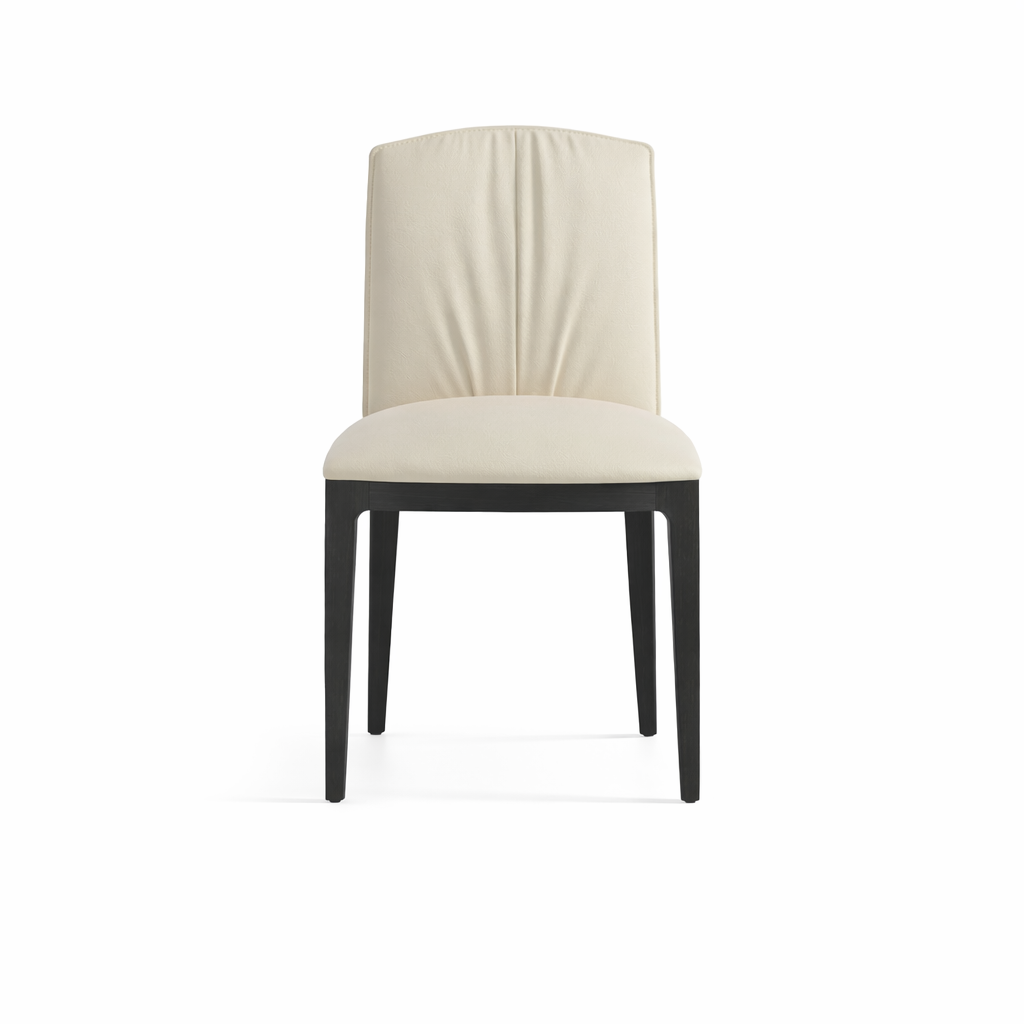 Beige upholstered chair with black legs on a white background