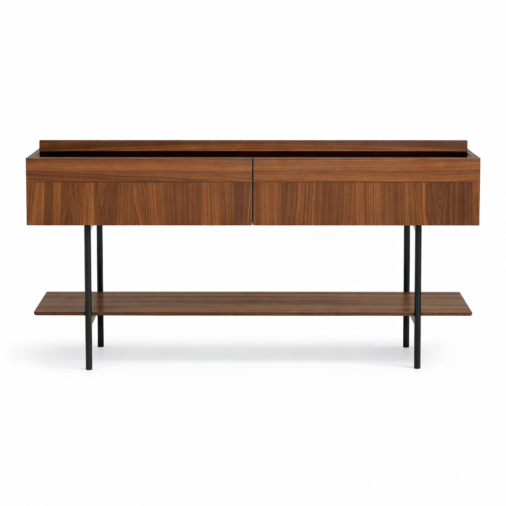 Wooden console table with two drawers and an open shelf on a white background