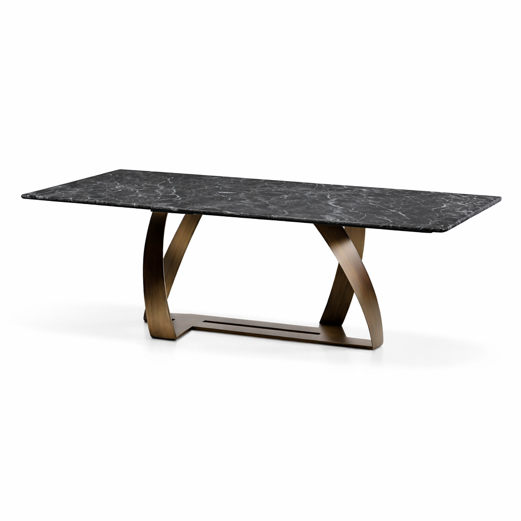 Dining table with marble top and bronze base on a white background