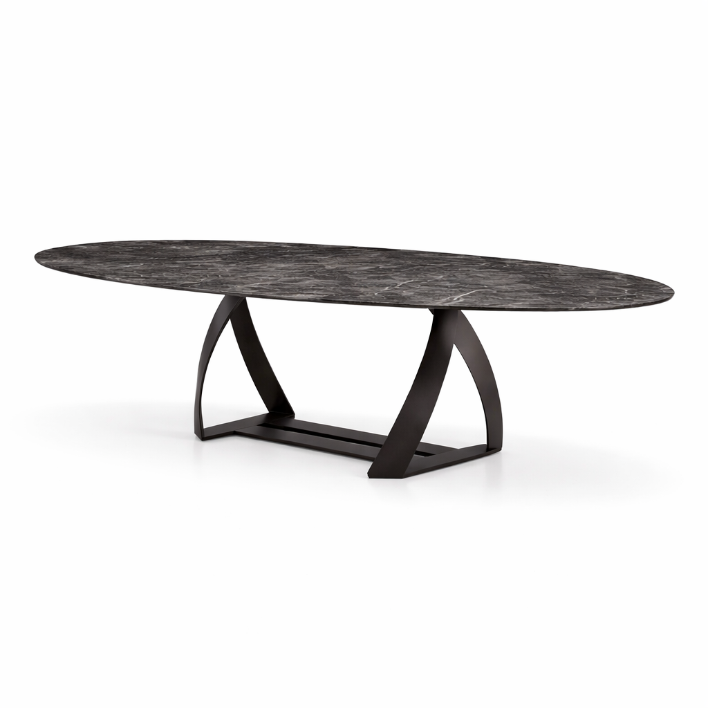 Oval dining table with marble top and black metal base on a white background