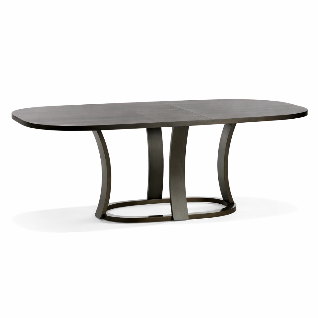 Dark brown oval dining table with curved legs on a white background