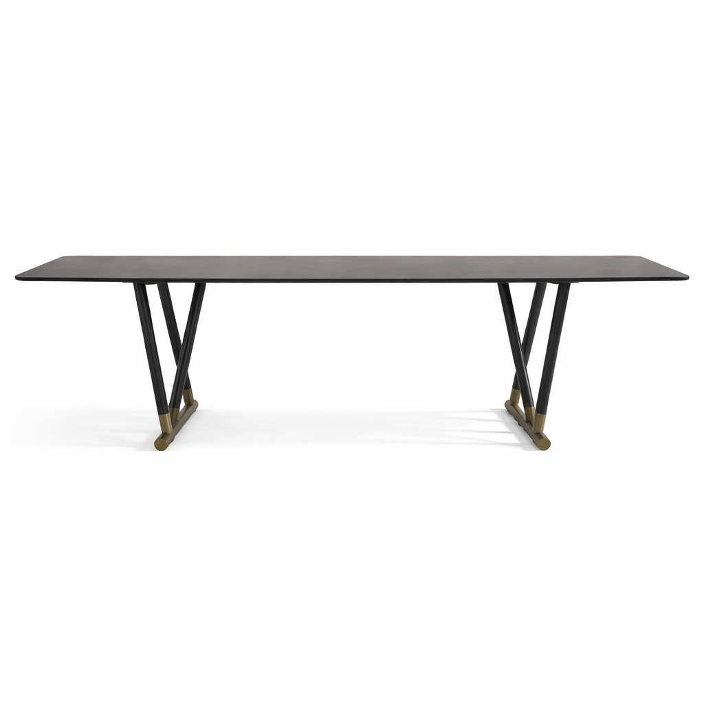 Rectangular table with a dark surface and metal legs on a white background