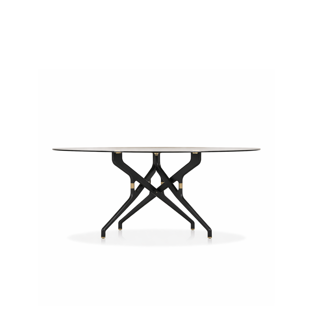 Round table with a black metal base on a white background