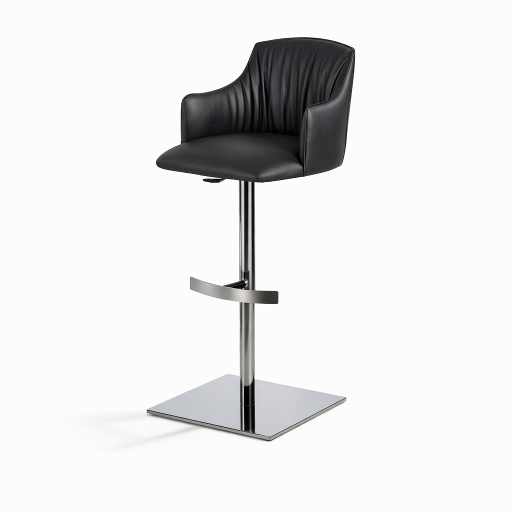 Black bar stool with a chrome base on a white background