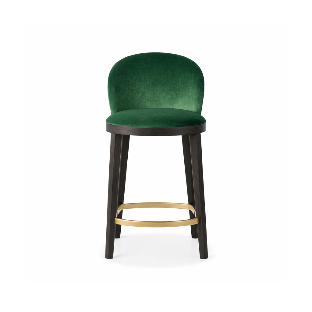 Green velvet bar stool with black legs on a white background