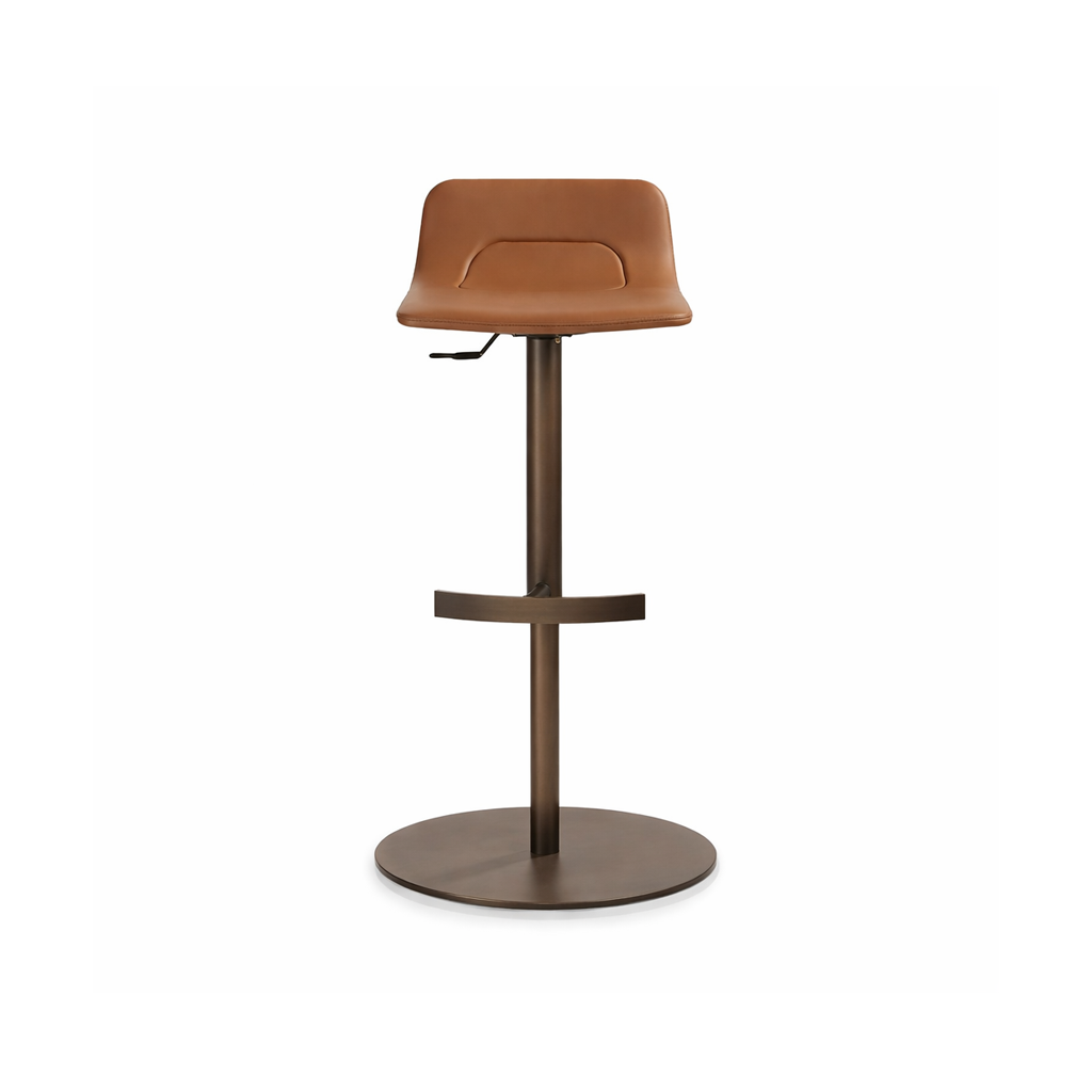 Brown bar stool with a round base on a white background