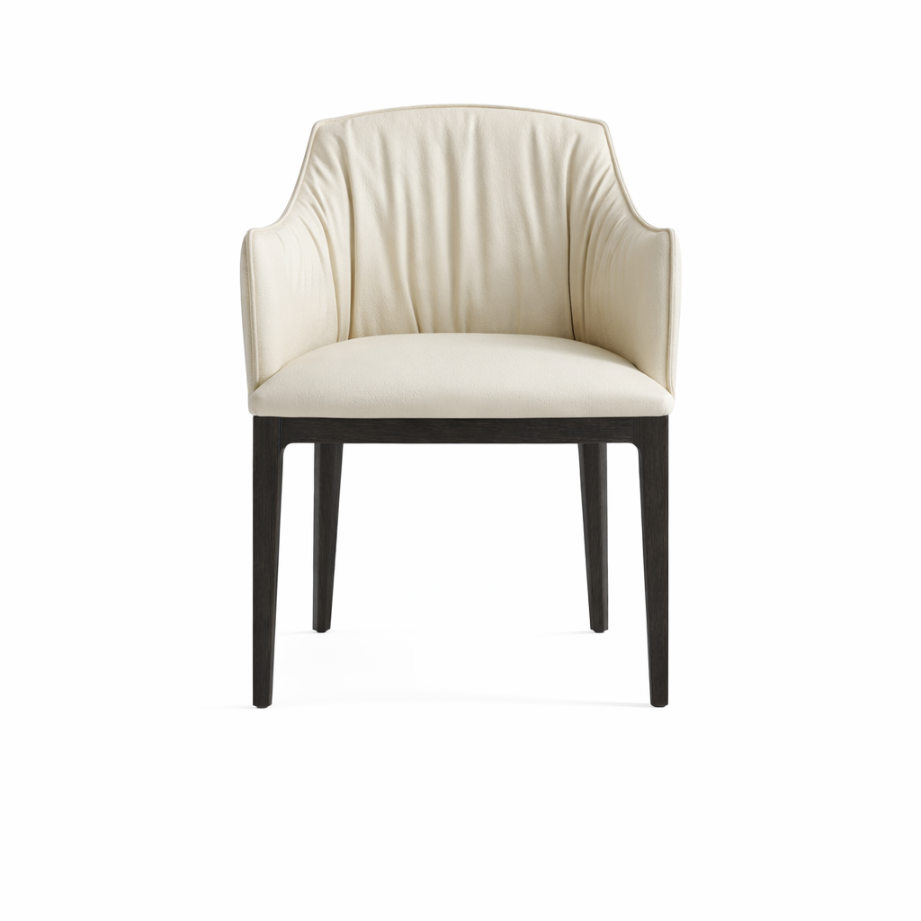 Beige armchair with dark wooden legs on a white background