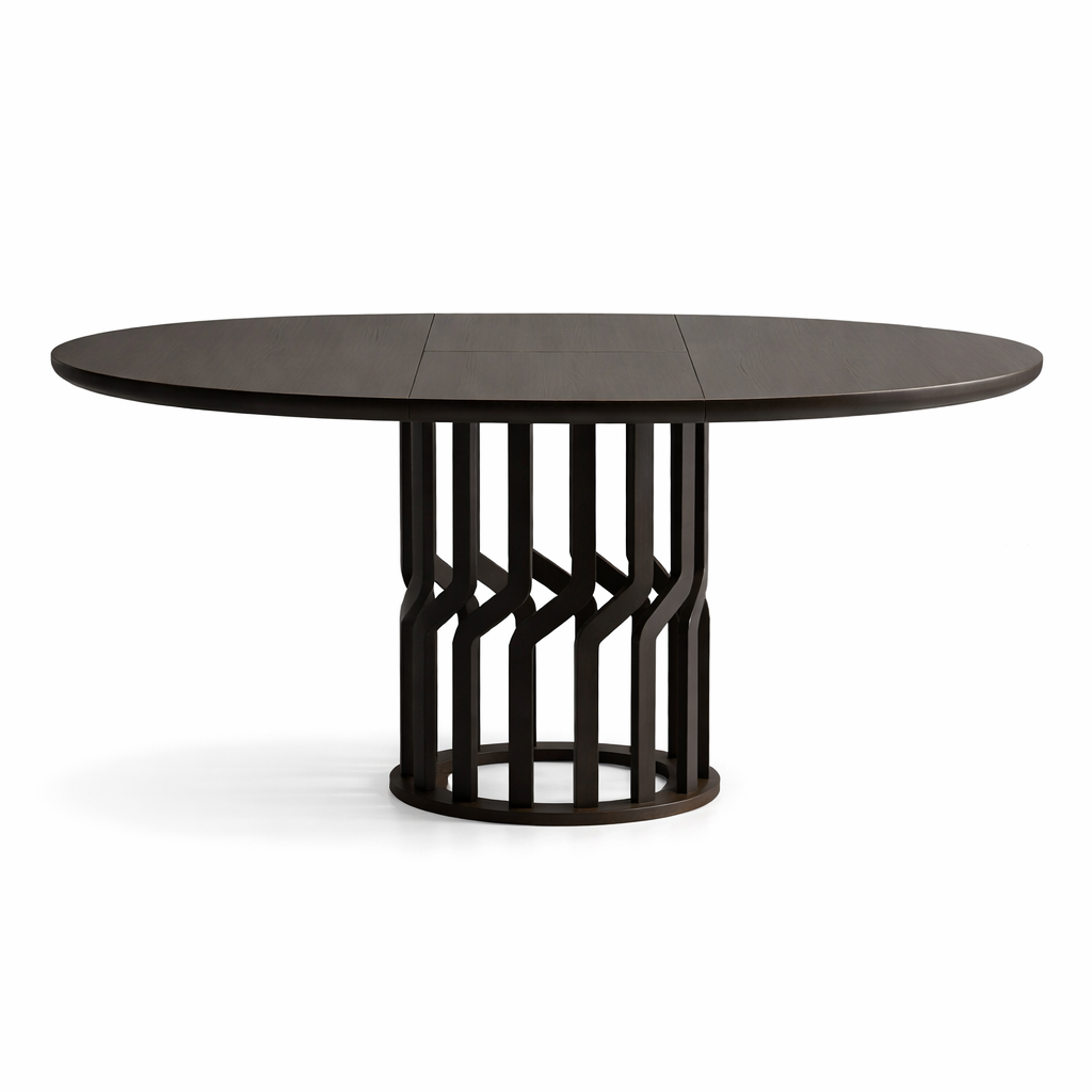Round dark brown dining table with a unique base design on a white background