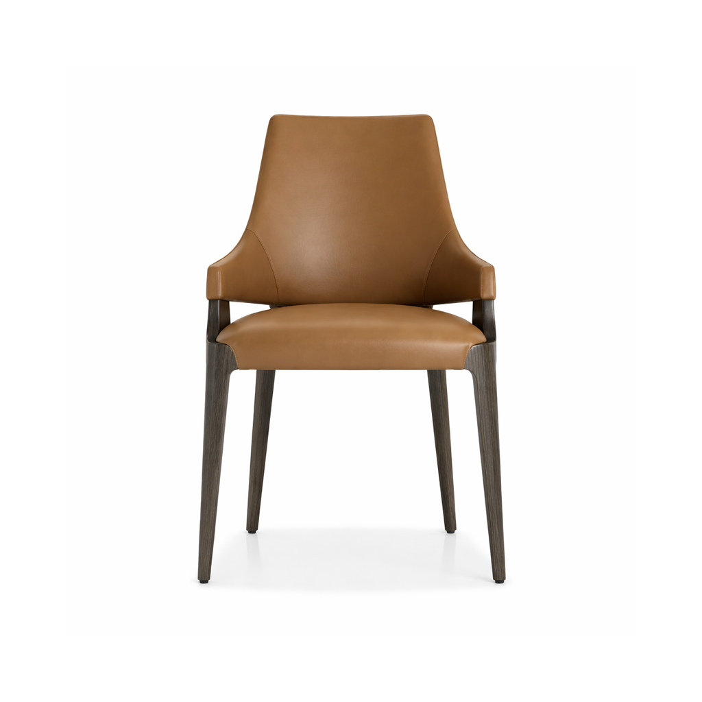 Brown leather chair with wooden legs on a white background