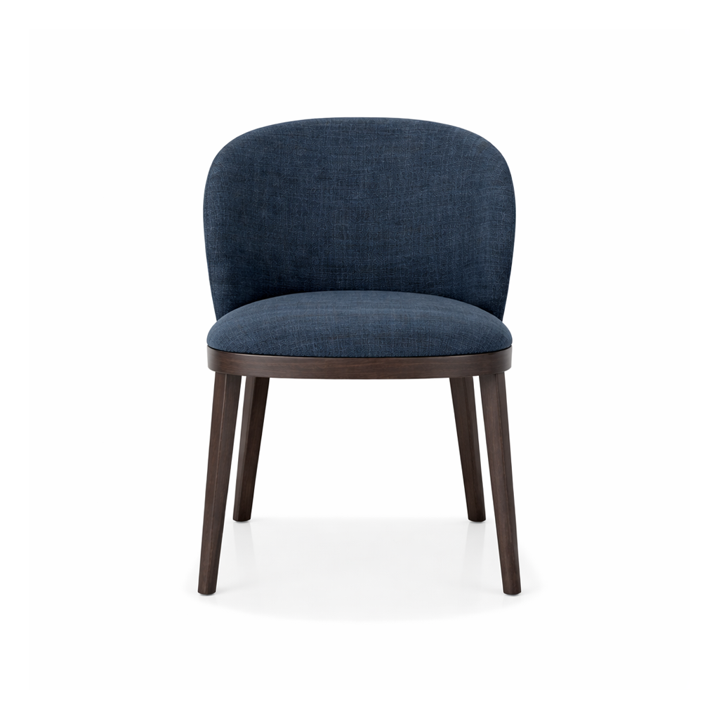 Blue upholstered chair with wooden legs on a white background
