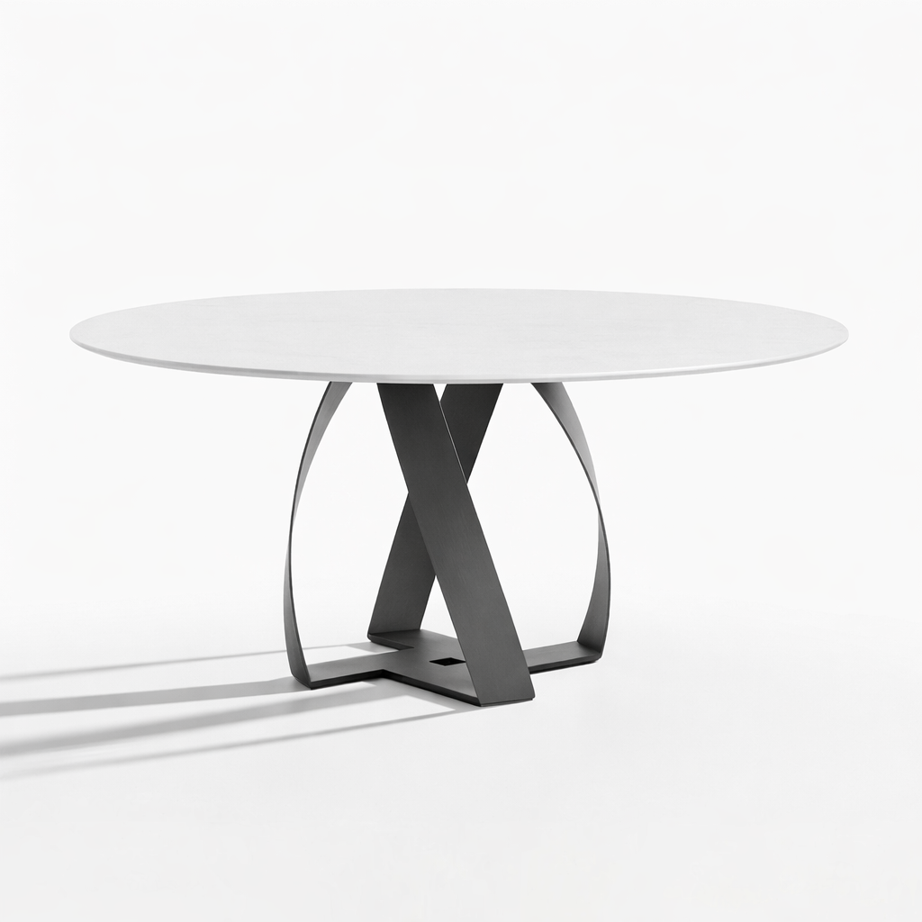 Round white table with a gray metal base on a white background
