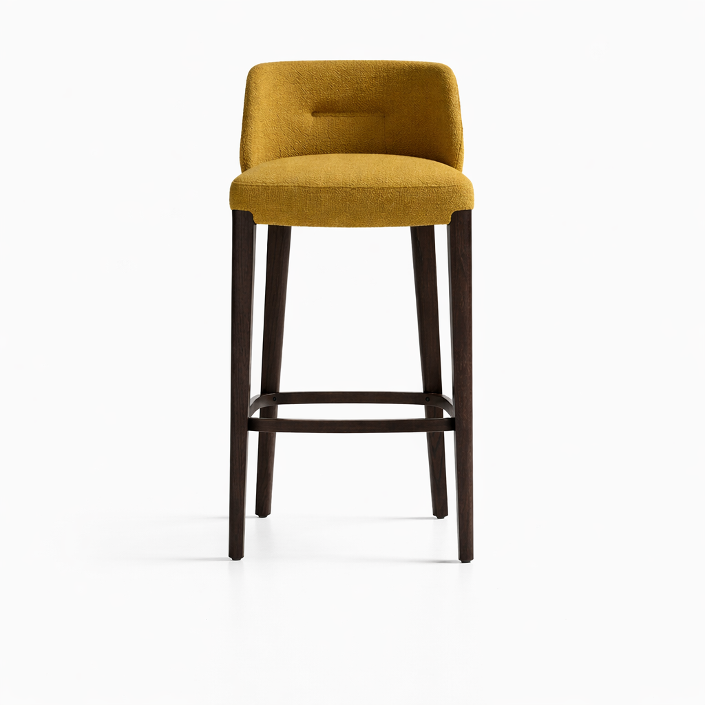 Yellow bar stool with dark wooden legs on a white background