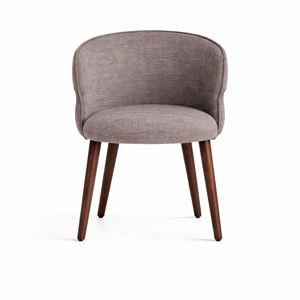 Gray upholstered chair with wooden legs on a white background