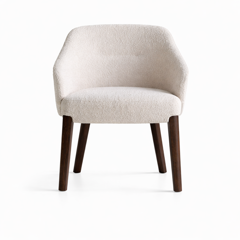 Beige armchair with wooden legs on a white background