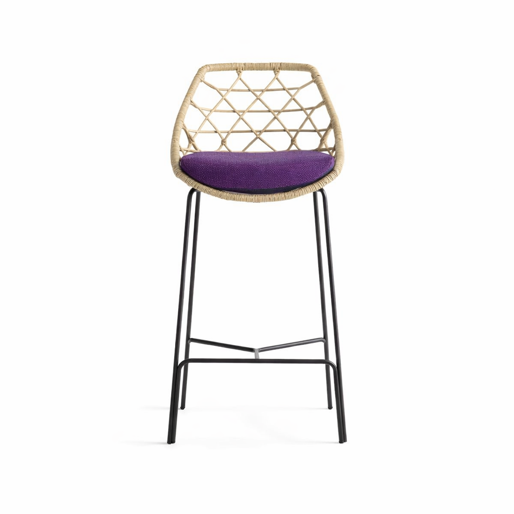 Bar stool with woven backrest and purple cushion on a white background