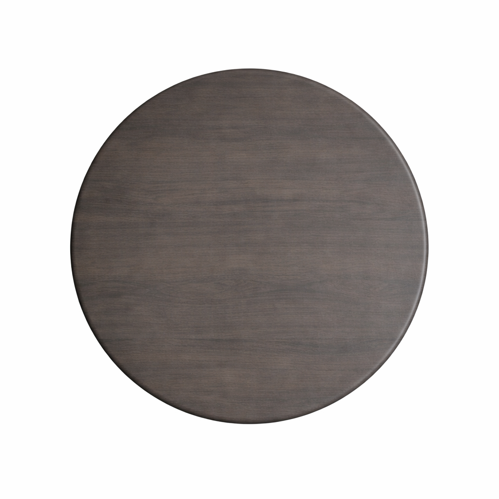 Round wooden coaster with a dark brown finish on a white background