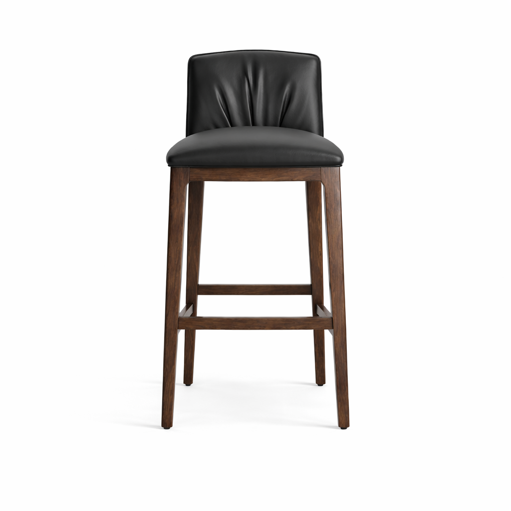 Black leather bar stool with wooden legs on a white background