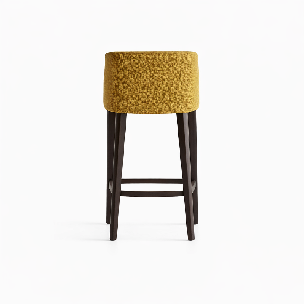 Yellow bar stool with dark wooden legs on a white background