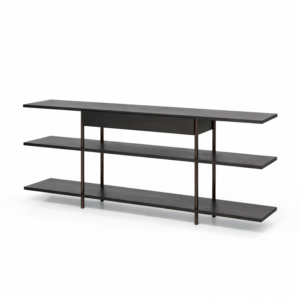 Dark wood console table with three shelves on a white background