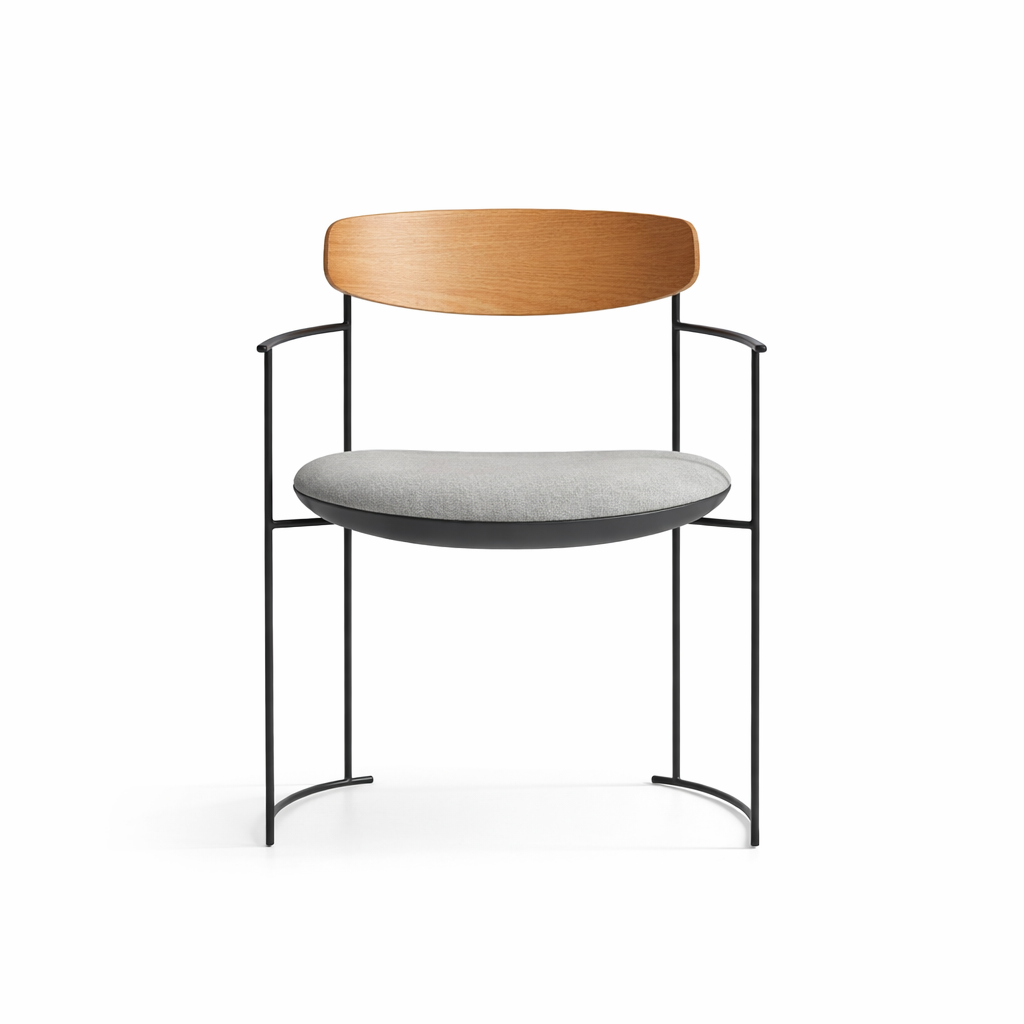 Chair with wooden backrest and gray seat on a white background