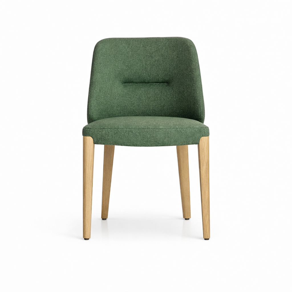 Green upholstered chair with wooden legs on a white background