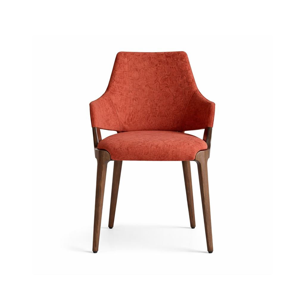 Orange chair with wooden legs on a white background